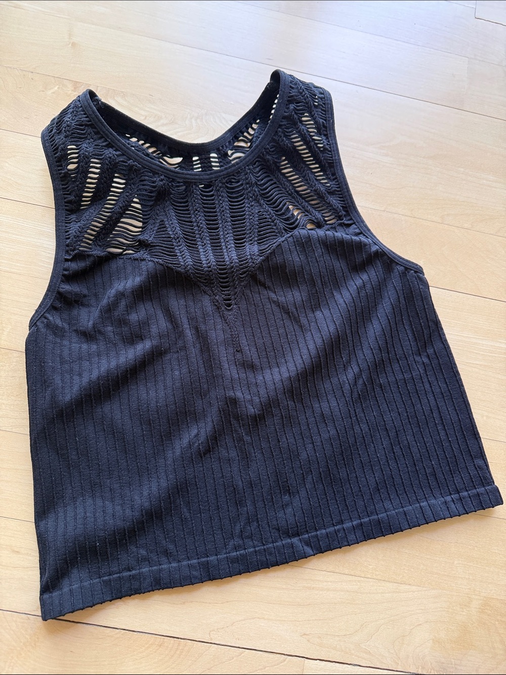 Women's Black Ribbed Crochet Yoke Stretch Tank Top - Classic Sleeveless